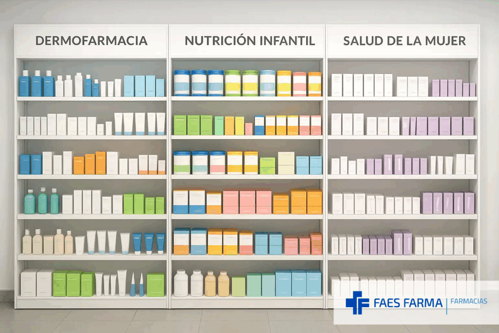 Ejemplo de lineales de farmacia representados en un planograma
