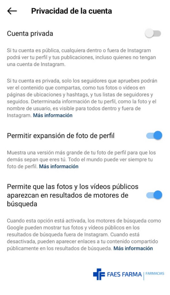 Pantallazo de configuración de privacidad de cuenta empresarial pública para el Instagram de farmacias.
