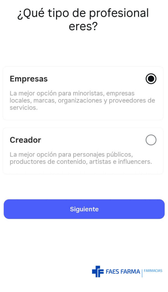 Pantallazo de la configuración del tipo de cuenta (empresas, creador) en Instagram.