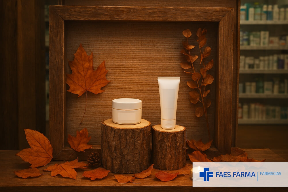 Idea de decoración para el escaparate de otoño de una farmacia.