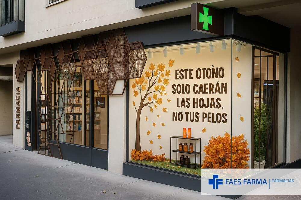 Escaparate otoñal de una farmacia que mezcla imagen y texto para captar la atención de personas que sufren caída del cabello.