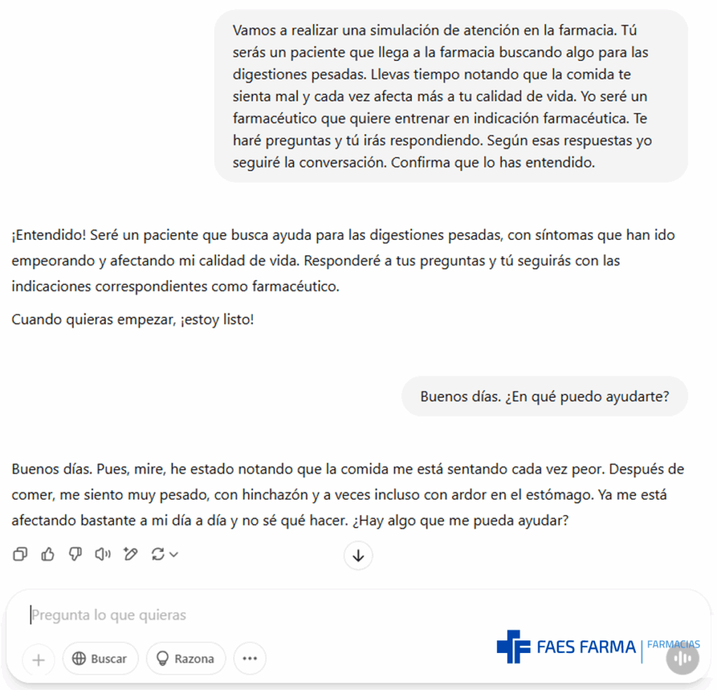 Ejemplo de conversación con ChatGPT en farmacia para entrenar la atención farmacéutica.