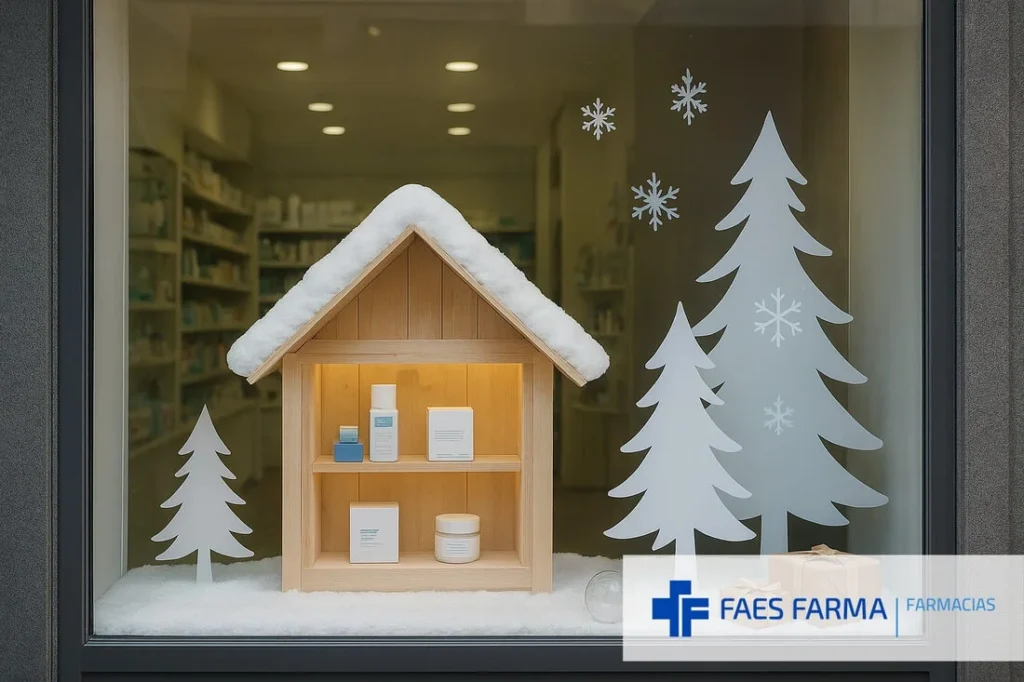 Idea de decoración para el escaparate de invierno de una farmacia.