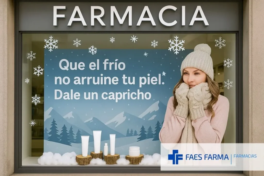 Escaparate invernal de una farmacia que mezcla imagen y texto para captar la atención de personas que desean cuidar su piel.