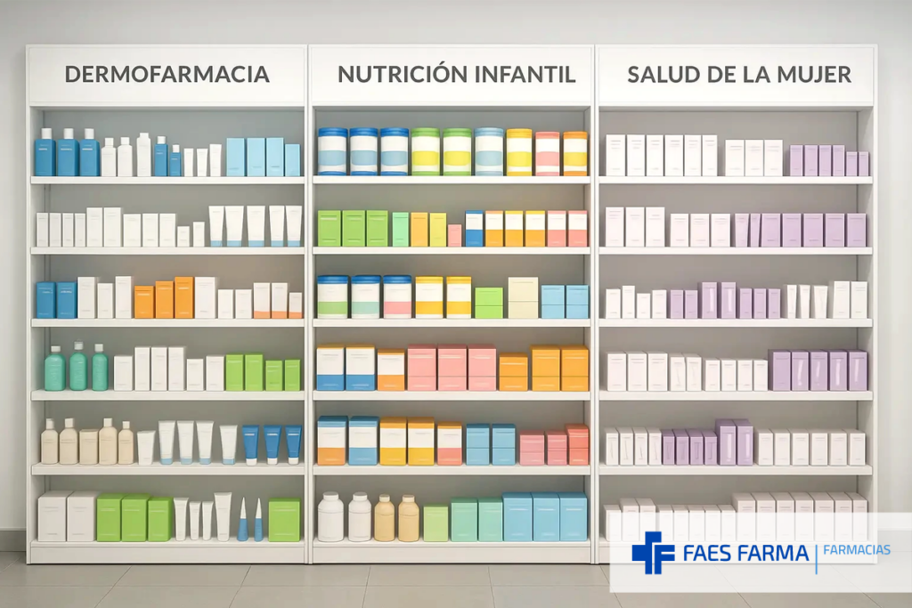 Ejemplo de lineales de farmacia representados en un planograma.