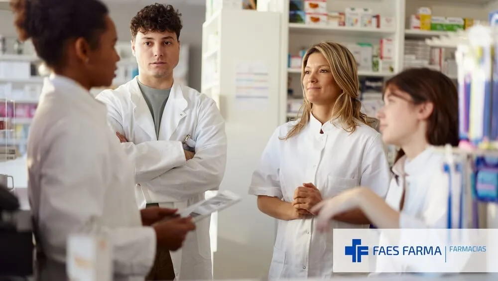 Equipo farmacéutico discutiendo ideas para el eslogan de la farmacia.