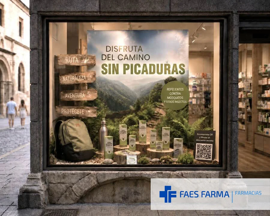 Ejemplo de decoración para el escaparate de verano de una farmacia de interior, campaña de repelentes de insectos.