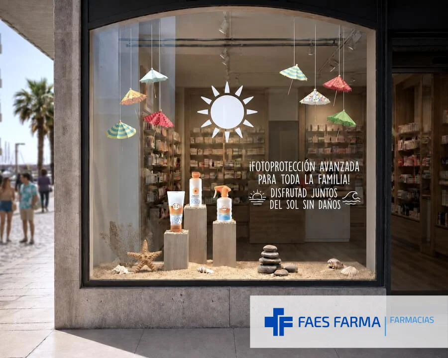 Ejemplo de escaparate estival de una farmacia costera, campaña de fotoprotección solar para toda la familia.