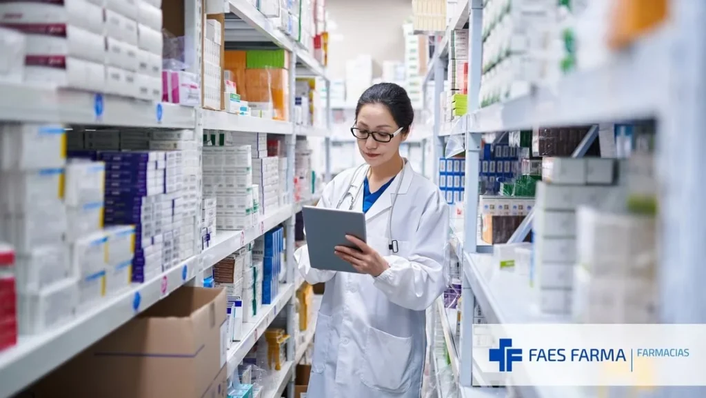 Vista del stock de una farmacia ordenado en estanterías.