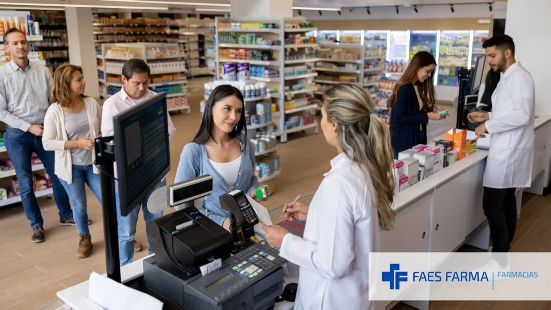 Grupo de clientes comprando medicamentos en una farmacia.